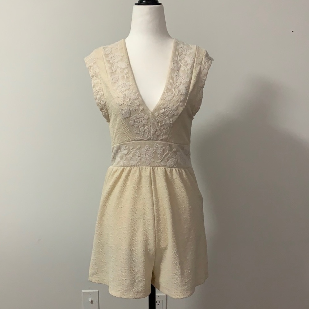 Zara Ivory Embroidered V-Neck Open Back Romper